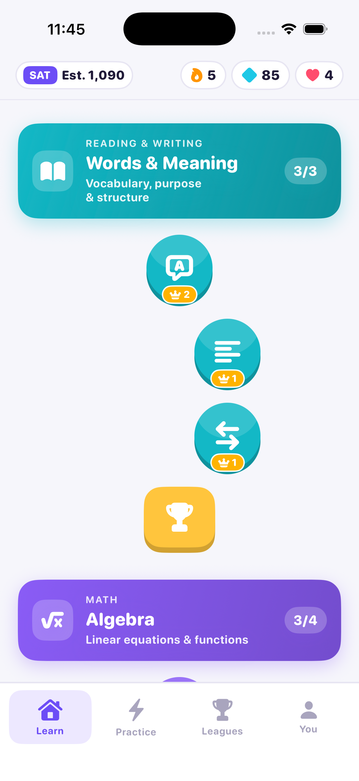 Ace Learn tab showing SAT reading and math skill paths