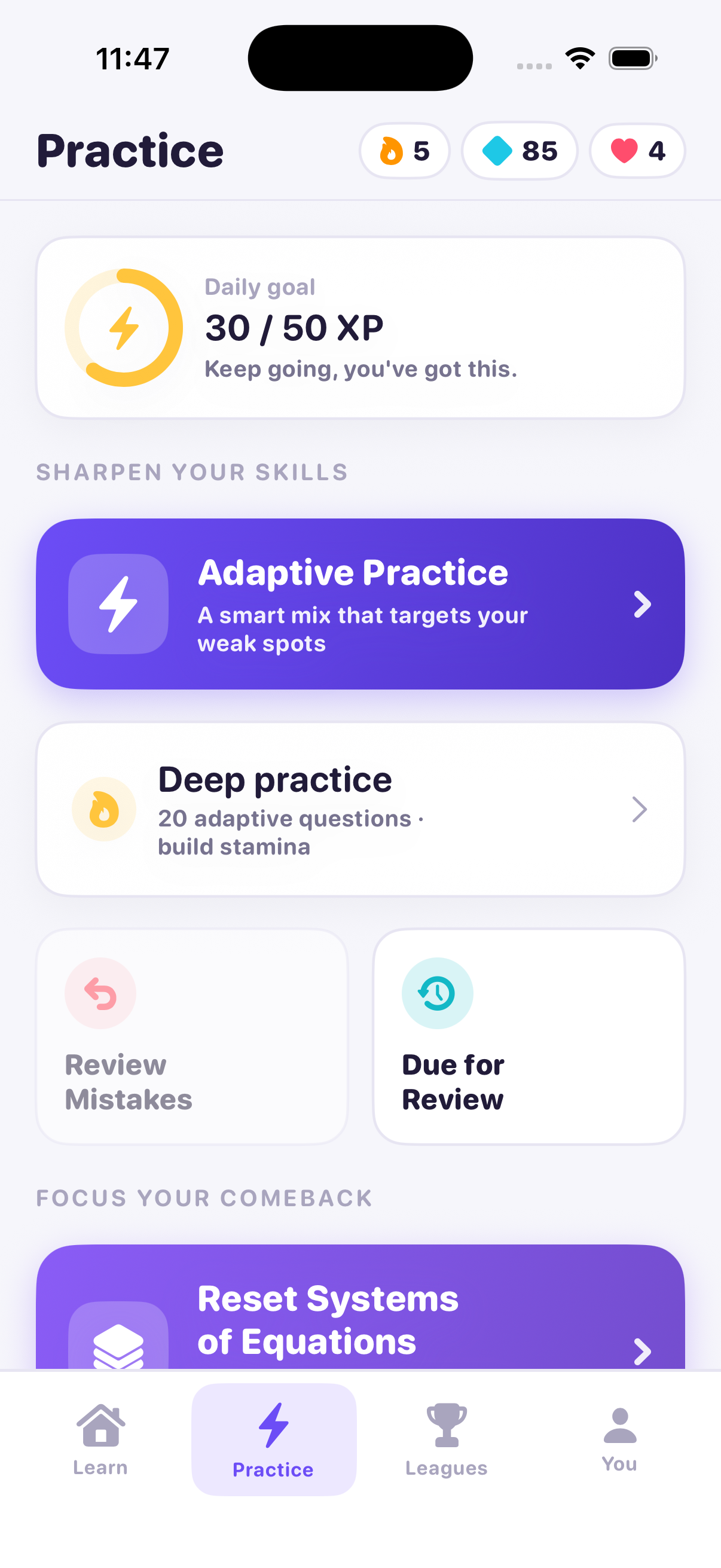 Ace Practice tab showing adaptive practice and deep practice options