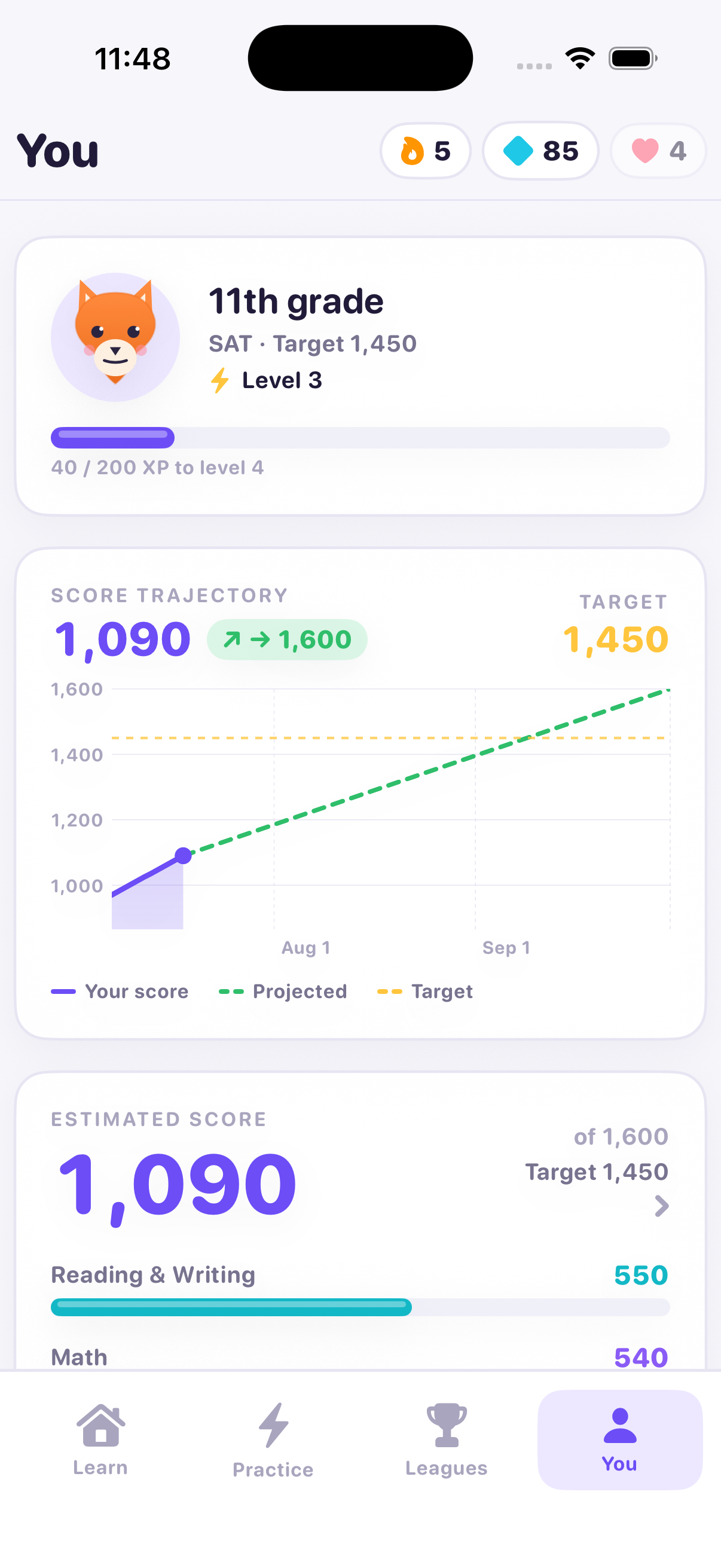 Ace profile screen showing estimated SAT score trajectory